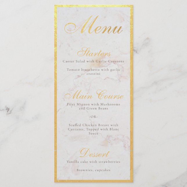 Menu Faux Gold Foil Élégante calligraphie Marbre blanc  (Devant)