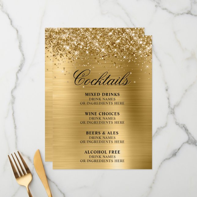 Menu Faux Gold Glitter and Foil Cocktails Bar (Devant/Arrière en situation)