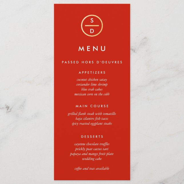 Menu Faux Gold Parties scintillant Monogram Red Mariage (Devant)