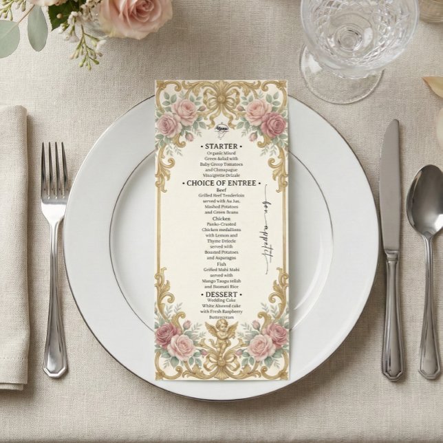 Menu Faux Papier D'or et Aquarelle Florale Rose Pâle (Créateur téléchargé)