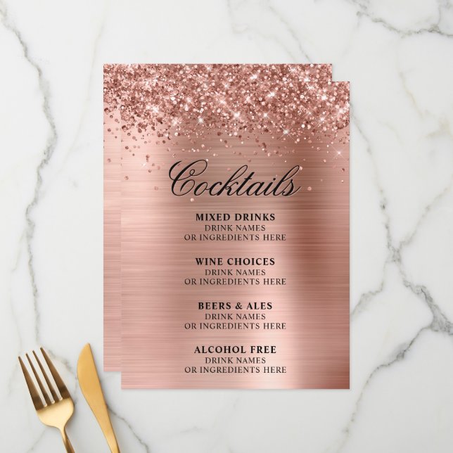 Menu Faux Rose Gold Glitter and Foil Cocktails Bar (Devant/Arrière en situation)