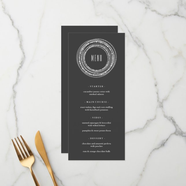 Menu Fête Chic de Vacances Brillante et Lumineuse Merry (Devant/Arrière en situation)