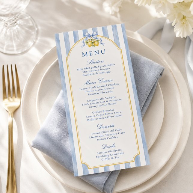 Menu Fête de bébé Amalfi Bleu et Blanc à rayures Lemon  (Créateur téléchargé)