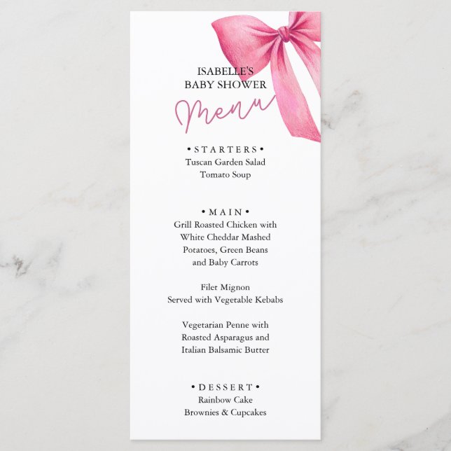 Menu Fête de bébé fille à ruban rose (Devant)