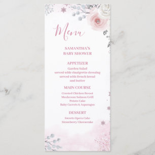 Menu Fête de Bébé Traîneau Flocon de Neige Rose Pastel