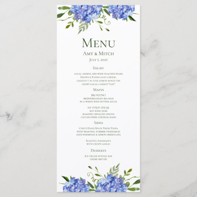 Menu Fête de fiançailles aux Hortensias Bleus (Devant)