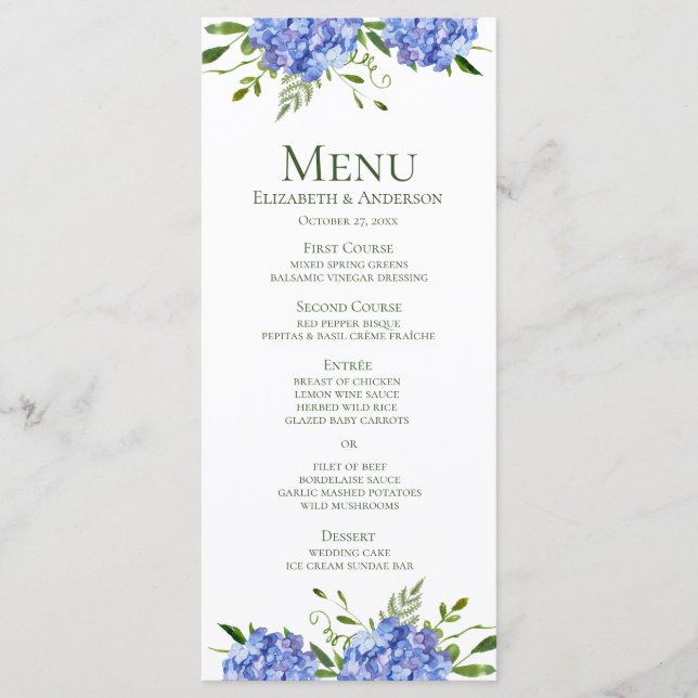 Menu Fête de fiançailles aux Hortensias Bleus (Devant)