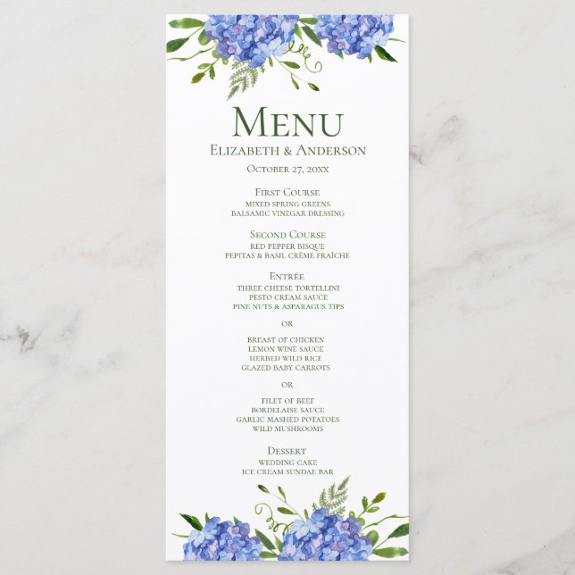 Menu Fête de fiançailles aux Hortensias Bleus (Devant)