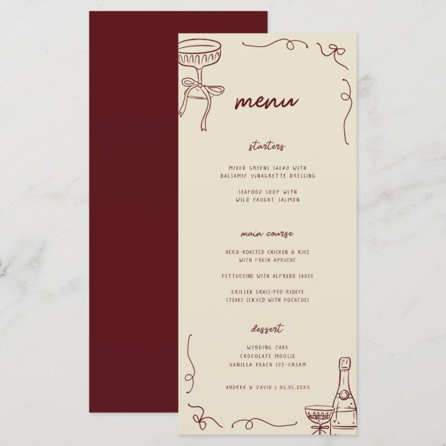 Menu Fête de fiançailles ou mariage fantaisiste et amus (Devant / Derrière)