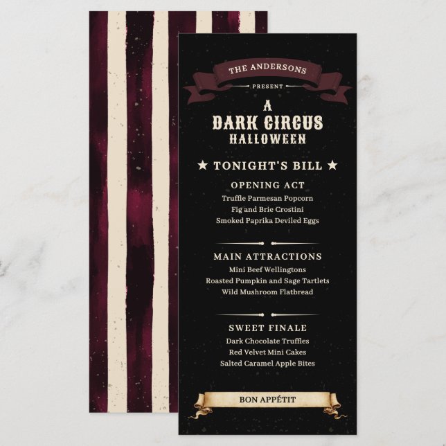 Menu Fête de Halloween de cirque sombre vintage (Devant / Derrière)