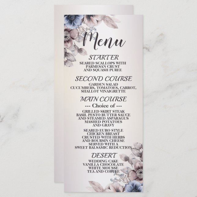 Menu Fête de mariage Aquarelle Pastel Blue Beige Fleurs (Devant / Derrière)