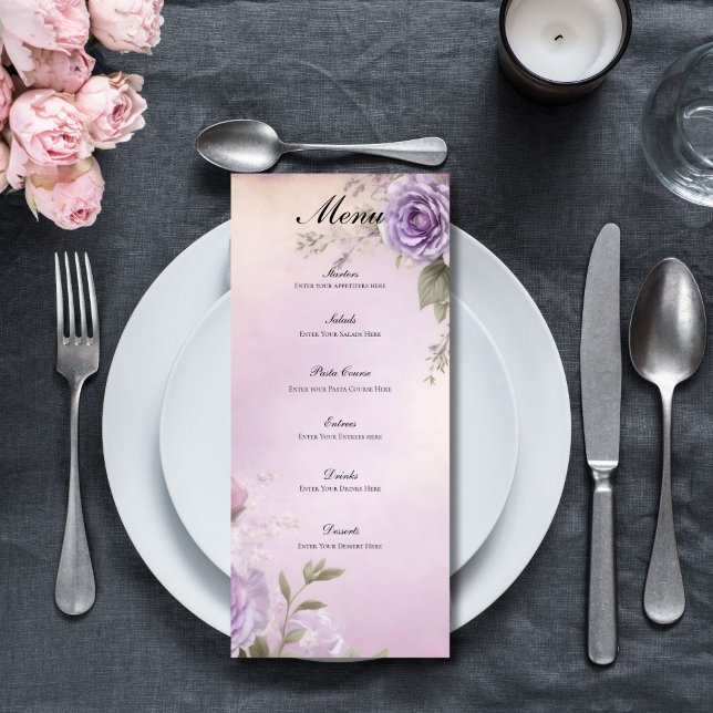 Menu Fête de Mariage et de Fiançailles Fleurs Aquarelle (Purple Floral Watercolor Elegant Wedding Bridal Shower Party Menu)