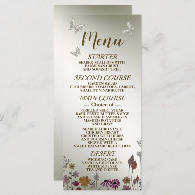 Menu Fête de mariage Fleurs de jardin colorées Papillon (Devant / Derrière)