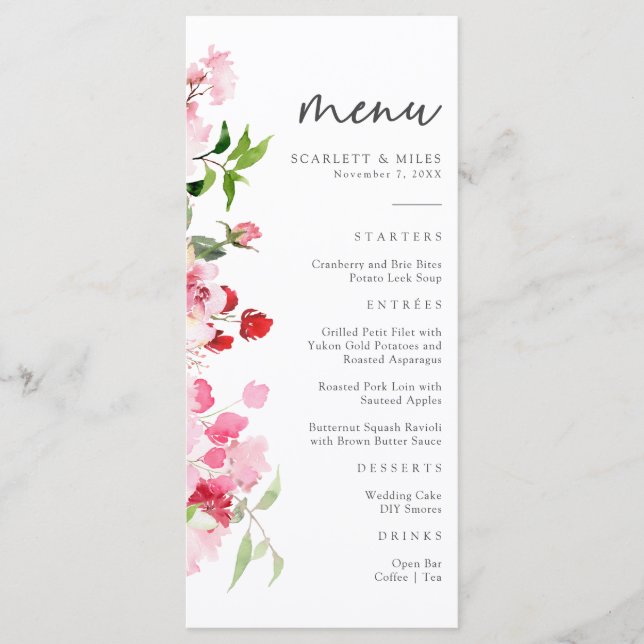 Menu Fête de mariage floral rouge et rose (Devant)