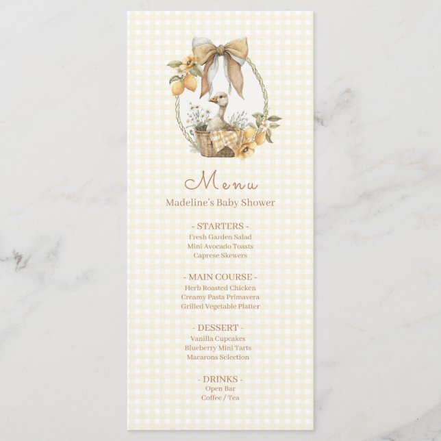 Menu Fête de Naissance à l'aquarelle Citron de l'Oie Id (Devant)