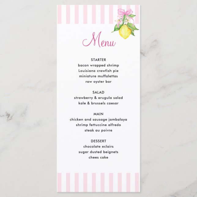 Menu Fête de Naissance Coquette Citrons Roses Bébé (Devant)