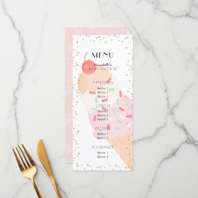 Menu Fête de naissance de bébé fille rose cerise glace (Devant/Arrière en situation)