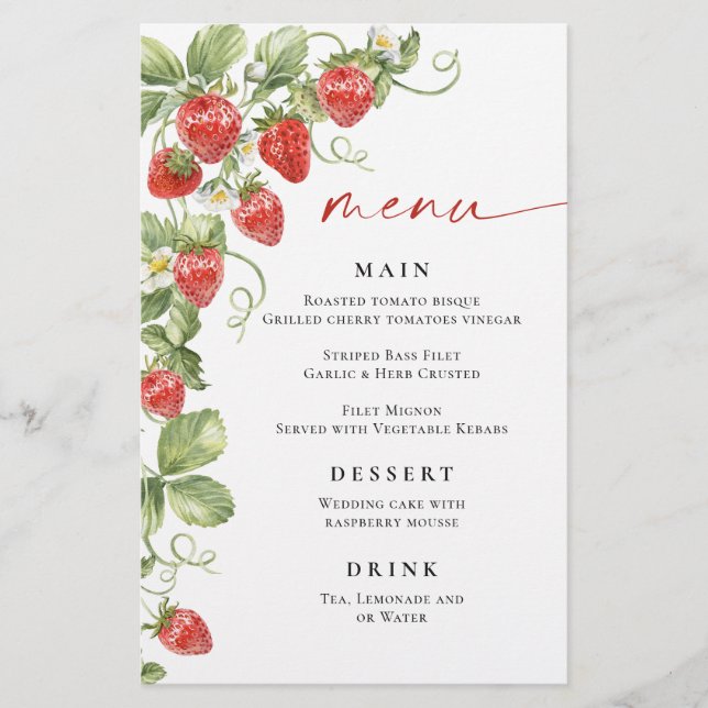 Menu Fête des mariées Fraise à l'Aquarelle tendanc (Devant)