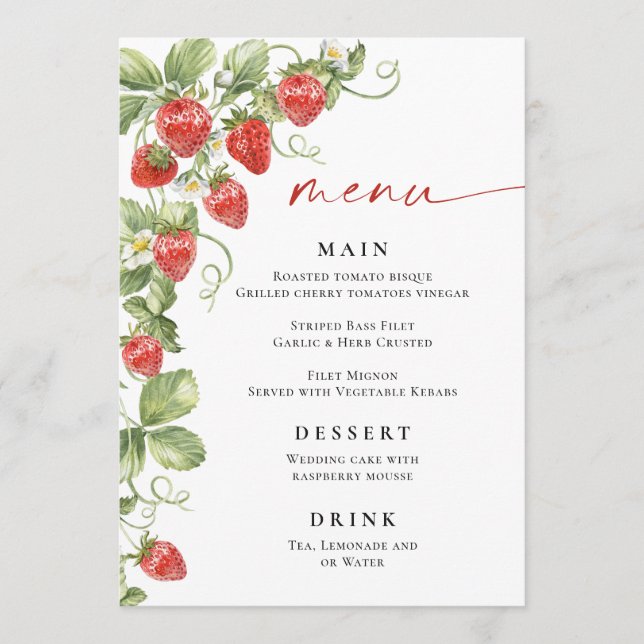 Menu Fête des mariées Fraise à l'Aquarelle tendanc (Devant)