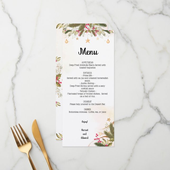 Menu Fête des mariées Mariage de Noël (Devant/Arrière en situation)