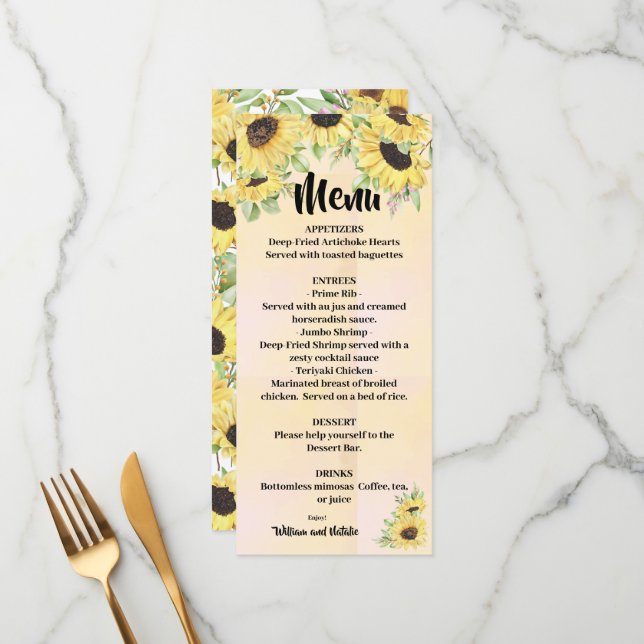 Menu Fête des mariées Mariage Sunflowers (Devant/Arrière en situation)