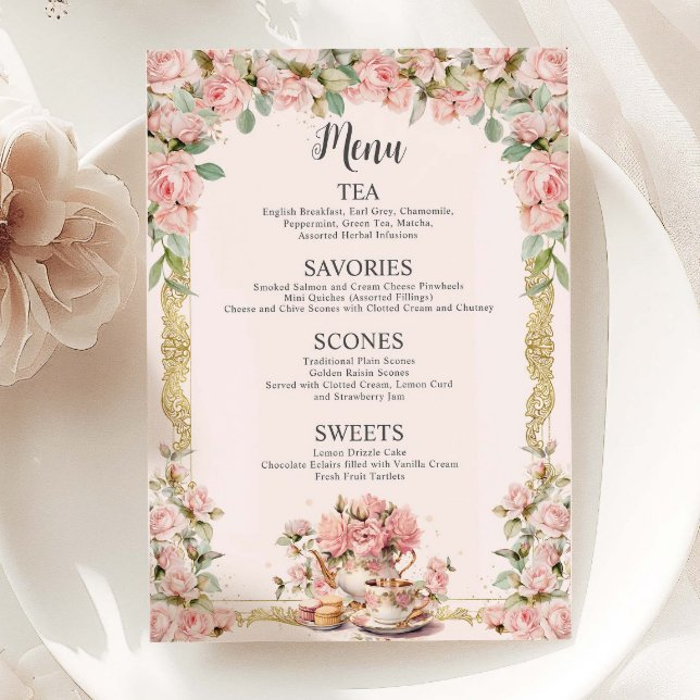 Menu Fête des mariées vintage Rose Floral High Tea Part (Créateur téléchargé)
