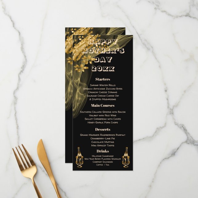 Menu Fête des Mères en Champagne Black & Gold (Devant/Arrière en situation)