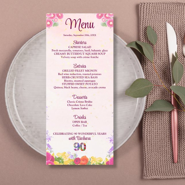 Menu Fête Florale 90e Anniversaire - Elégant Pastel 90 (Créateur téléchargé)