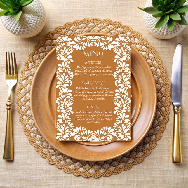 Menu Fête mexicaine en terre cuite (Mexican fiesta vintage talavera terracotta menu cards papel picado personalized menu cards )