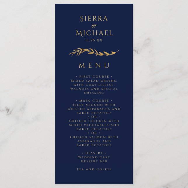 Menu Feuillage doré | Elegant Mariage bleu marine or (Devant)