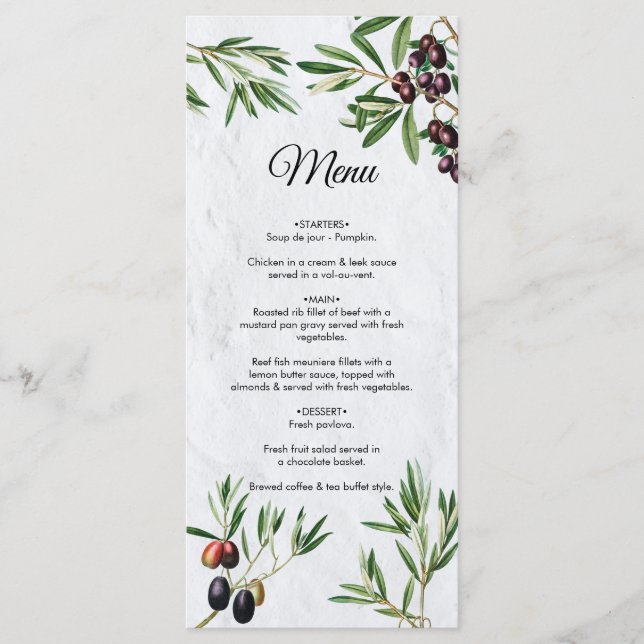 Menu Feuille d'olive méditerranéen grec Mariage de l'îl (Devant)