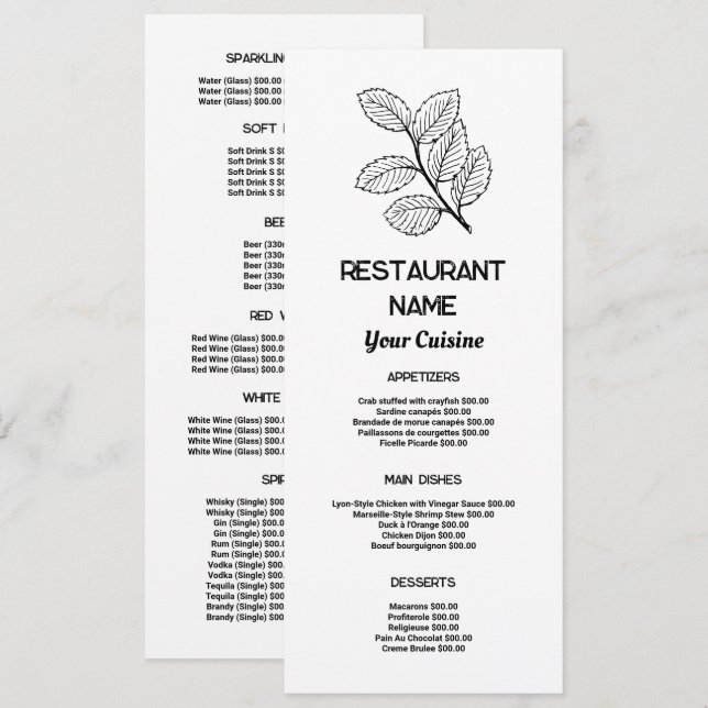 Menu Feuille Moderne, Restaurant Mince (Devant / Derrière)