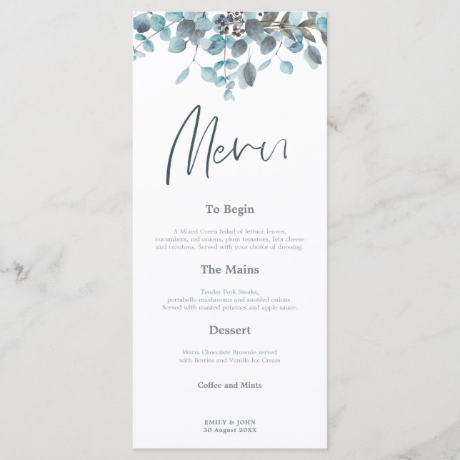 Menu Feuilles Blue Eucalyptus mariage de script élégant (Devant)