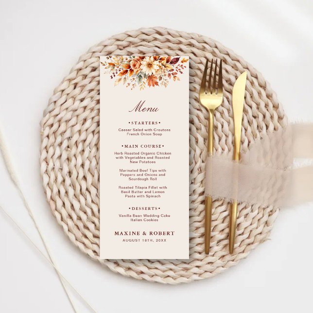Menu Feuilles d'automne Automne Botanique Aquarelle Mar (Fall leaves botanical watercolor wedding menu with warm autumn charm and timeless style.)