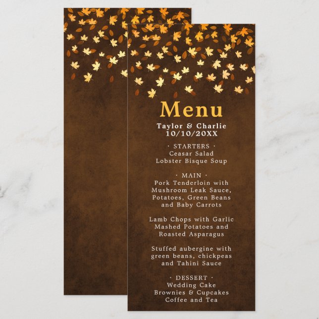 Menu Feuilles d'automne Brown et Mariage d'or (Devant / Derrière)