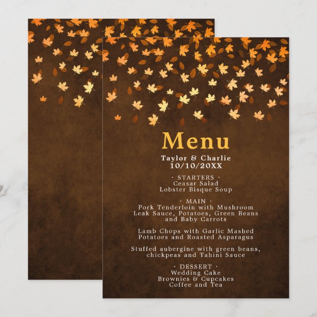 Menu Feuilles d'automne Gold et Mariage Brown (Devant / Derrière)