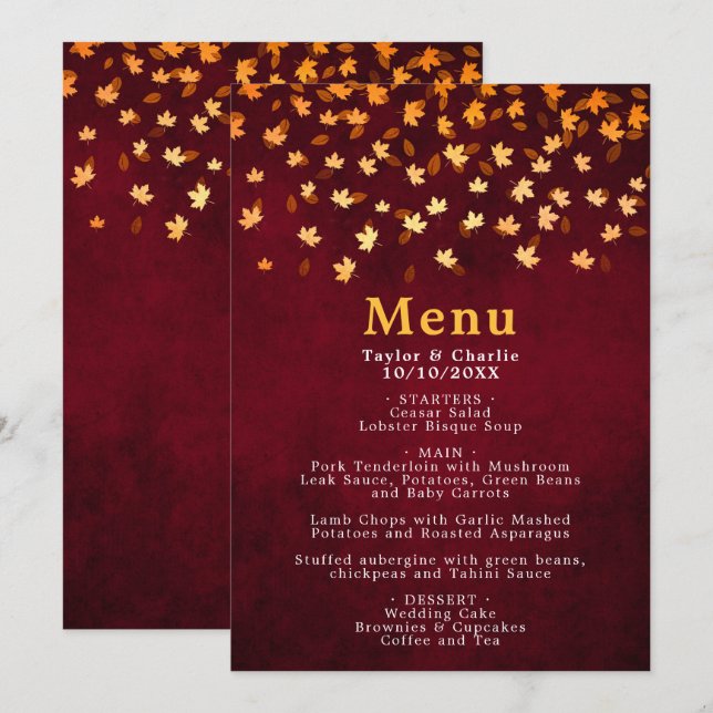 Menu Feuilles d'automne Gold et Mariage rouge (Devant / Derrière)