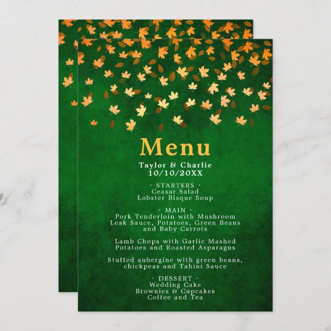 Menu Feuilles d'automne Gold et Mariage vert (Devant / Derrière)