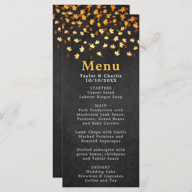 Menu Feuilles d'automne Mariage noir et or (Devant / Derrière)