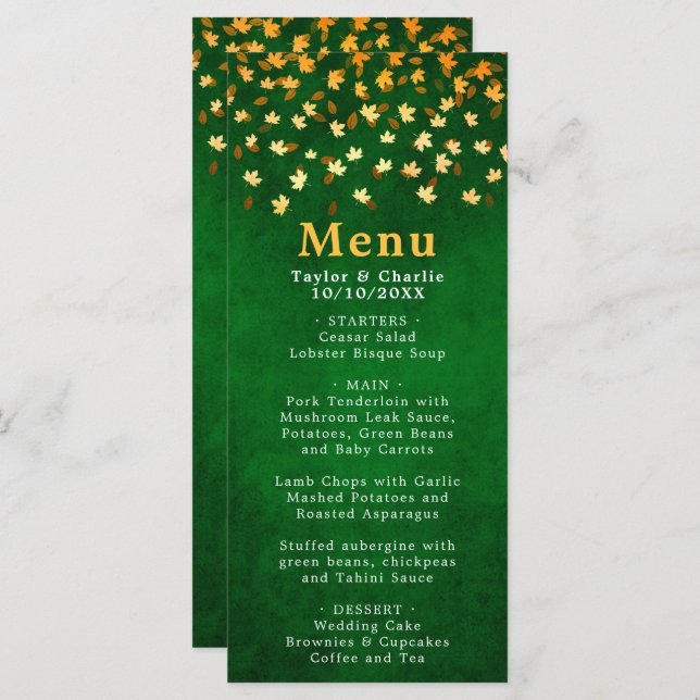Menu Feuilles d'automne Mariage vert et or (Devant / Derrière)