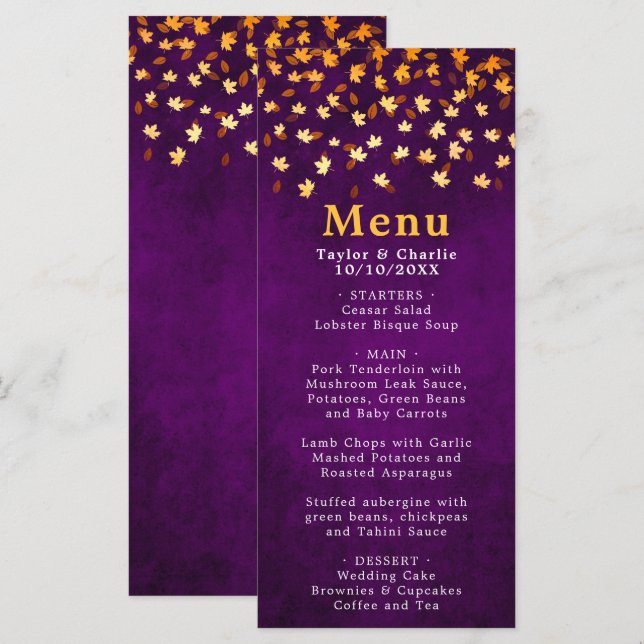 Menu Feuilles d'automne violet et Mariage d'or (Devant / Derrière)