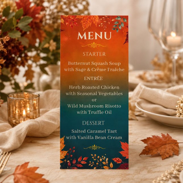 Menu Feuilles de Teal et Orange d'Automne Rustique (Créateur téléchargé)