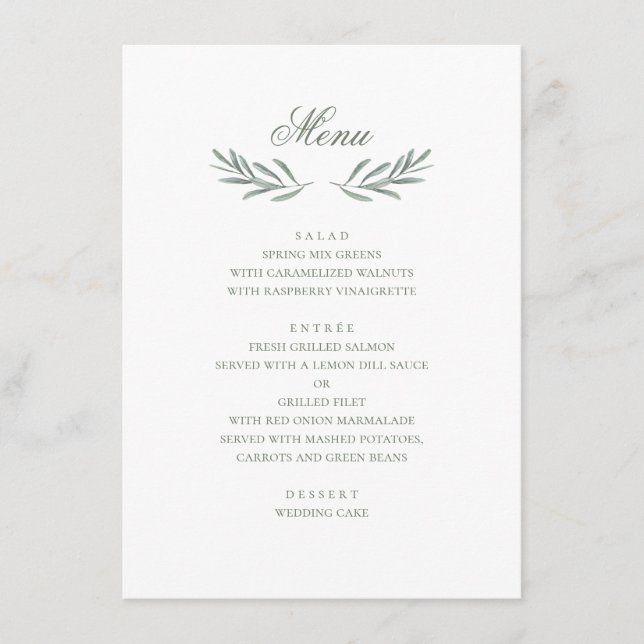 Menu Feuilles d'olive simples. Mariage italien. Botaniq (Devant)