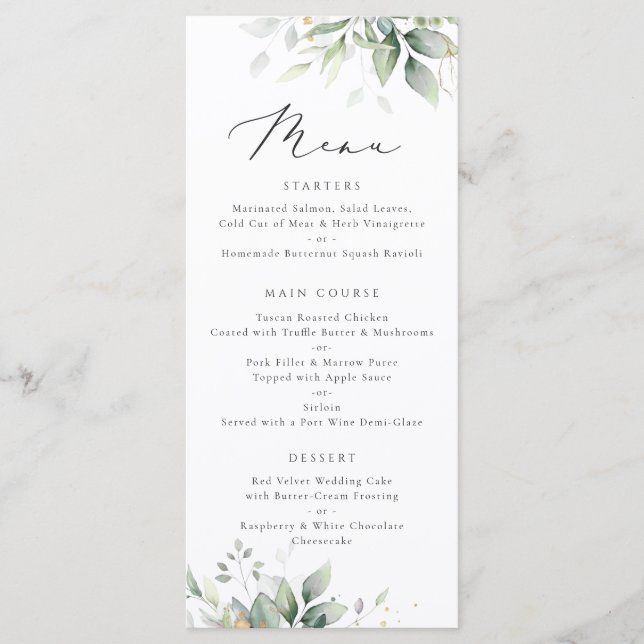 Menu Feuilles d'or vert Aquarelle Eucalyptus Mariage (Devant)