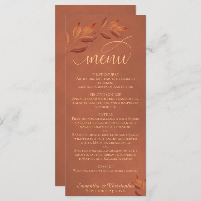 Menu Feuilles en terre cuite avec goût Mariage de scrip (Devant / Derrière)