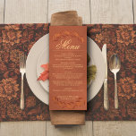 Menu Feuilles en terre cuite Élégant Mariage rustique<br><div class="desc">Ce magnifique menu mariage présente un design rustique avec un arrière - plan en terre cuite marbrée, un titre de calligraphie script et des sprigs de feuilles aquarelles peints à la main sur le haut et le bas. Le texte est entièrement personnalisable avec de l'espace pour le nom du couple...</div>