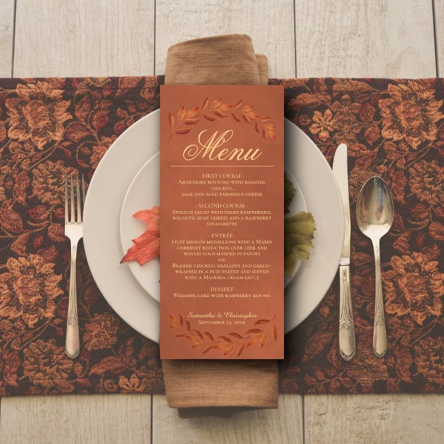 Menu Feuilles en terre cuite Élégant Mariage rustique (In Situ on Plate)