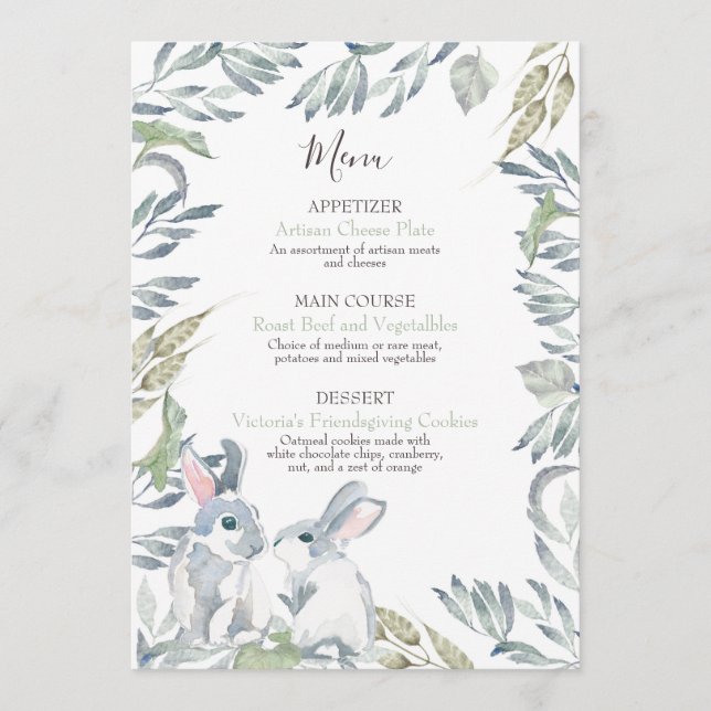 Menu Feuilles peintes et lapins de la forêt à l'aquarel (Devant)