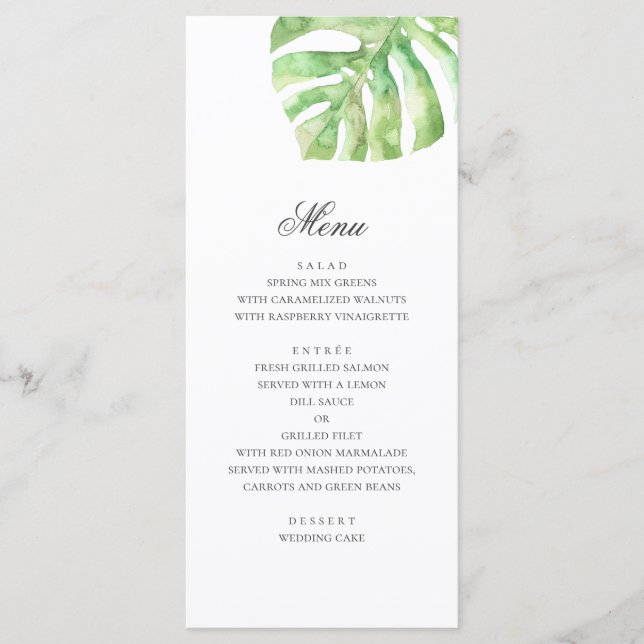 Menu Feuilles vertes exotiques. Mariage tropical d'été (Devant)