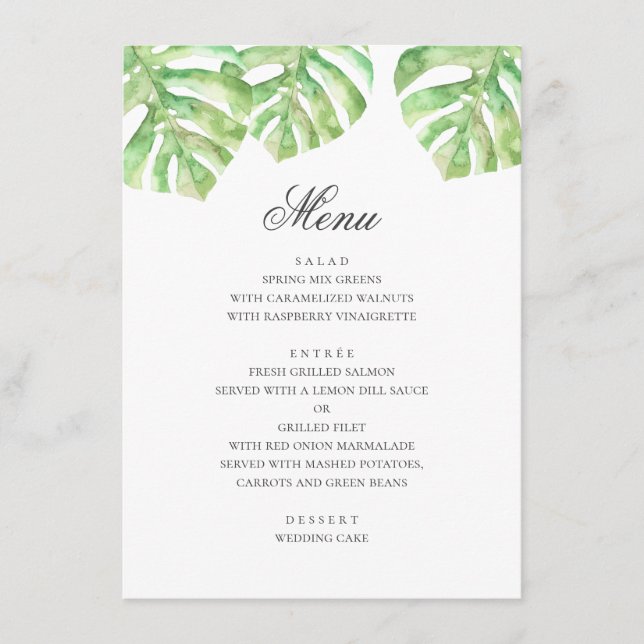 Menu Feuilles verts exotiques. Mariage tropical d'été (Devant)